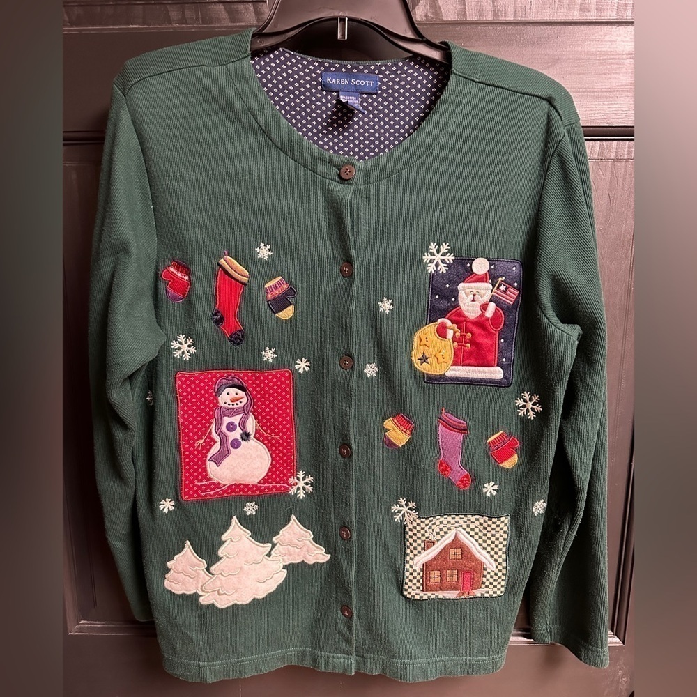 Vintage Karen Scott Green Christmas Sweater Embroidered & Appliquéd Women’s Sz M - Picture 1 of 10